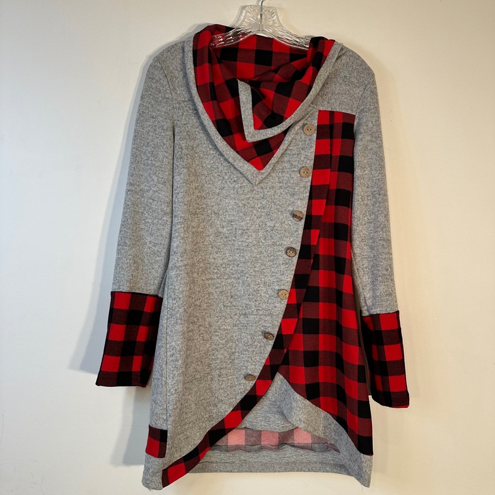 Dressfo Womens Buffalo Plaid Asymmetrical Cowl Neck Tunic Gray Red Size 8